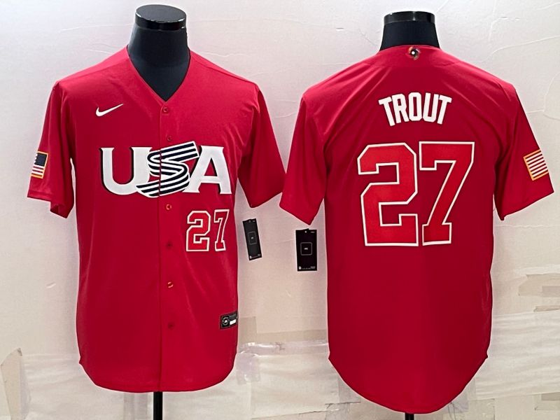 Men 2023 World Cub USA 27 Trout Red Nike MLB Jersey1